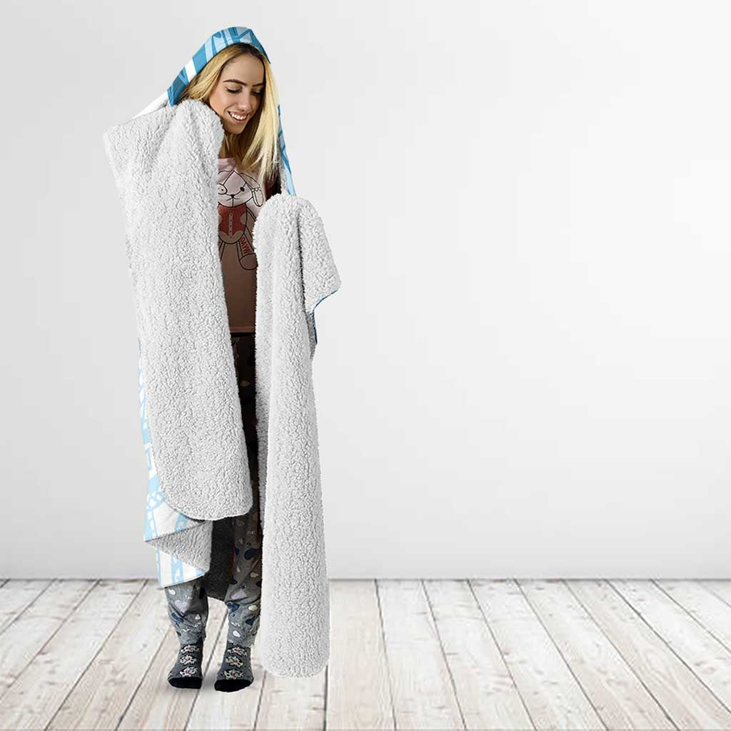 Blue Polynesian Tribal Turtle Floral Pattern Hooded Blanket