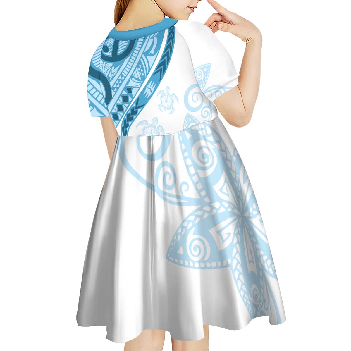Blue Polynesian Tribal Turtle Floral Pattern Kid Short Sleeve Dress LT05 - Polynesian Pride