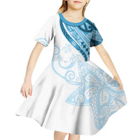 Blue Polynesian Tribal Turtle Floral Pattern Kid Short Sleeve Dress LT05 - Polynesian Pride