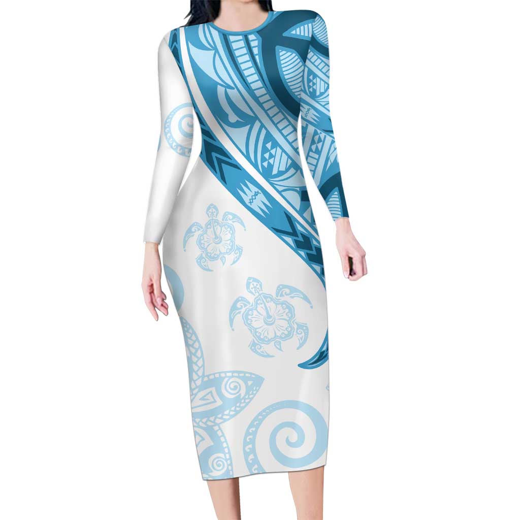 Blue Polynesian Tribal Turtle Floral Pattern Long Sleeve Bodycon Dress LT05 Long Dress Blue - Polynesian Pride