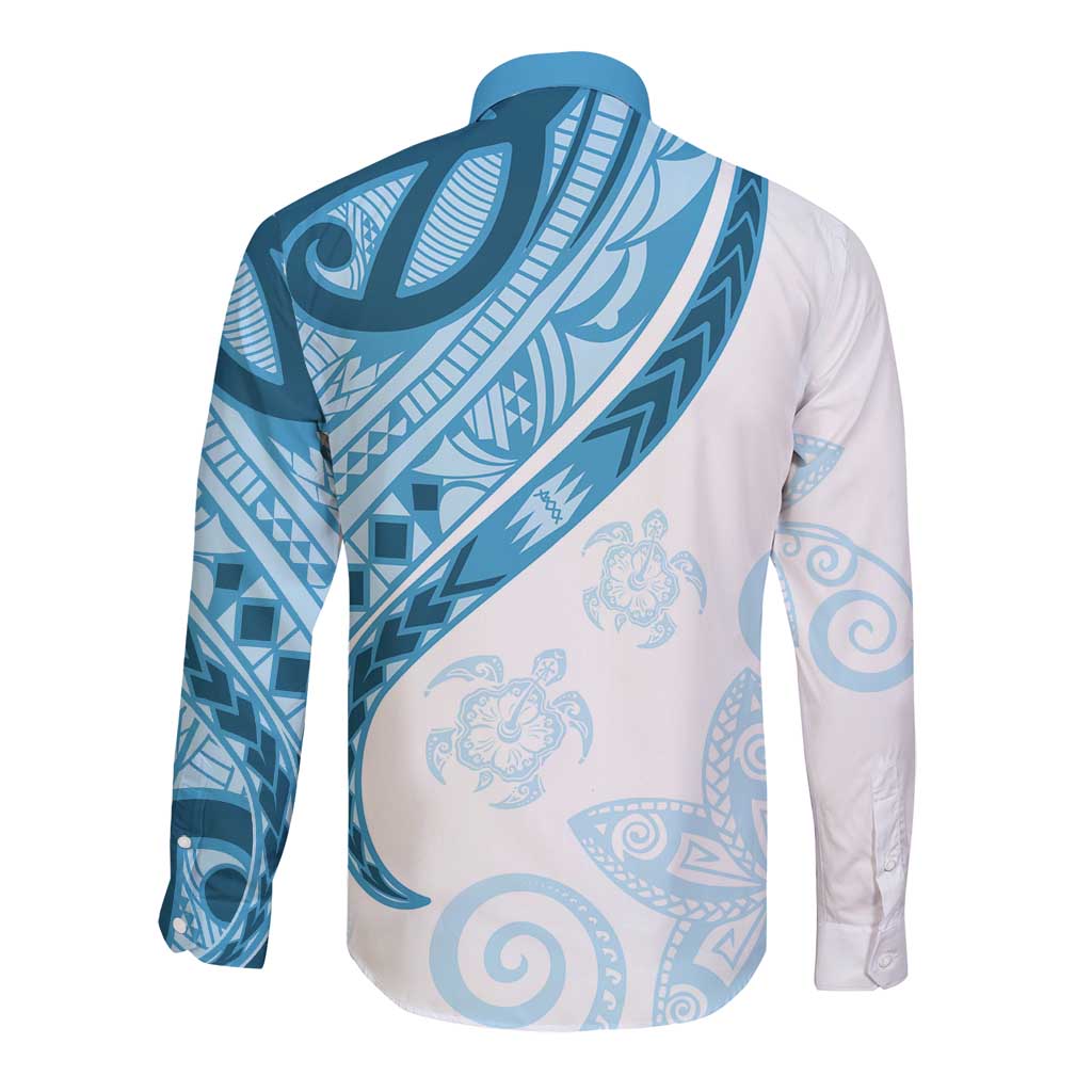Blue Polynesian Tribal Turtle Floral Pattern Long Sleeve Button Shirt LT05 - Polynesian Pride