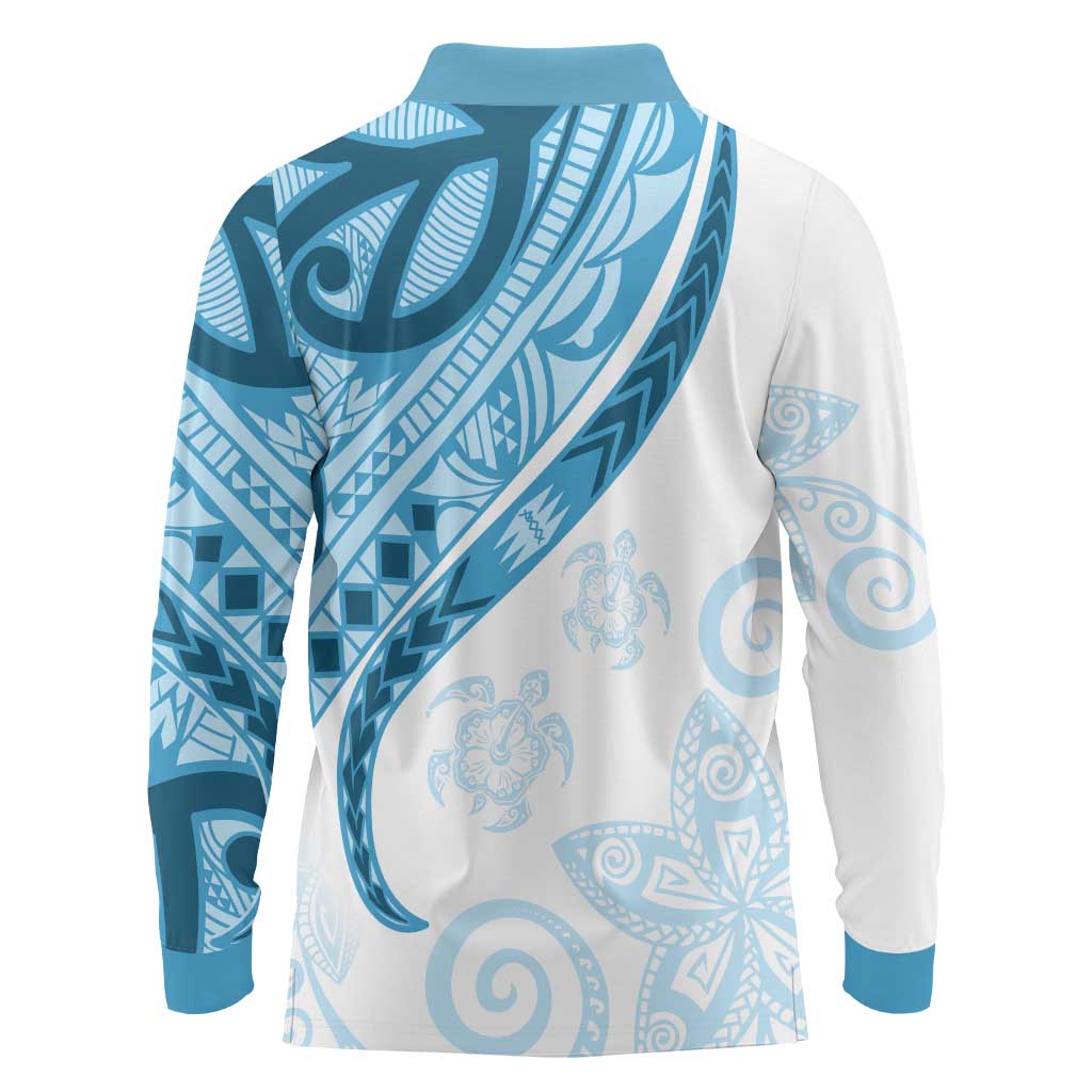 Blue Polynesian Tribal Turtle Floral Pattern Long Sleeve Polo Shirt LT05 - Polynesian Pride