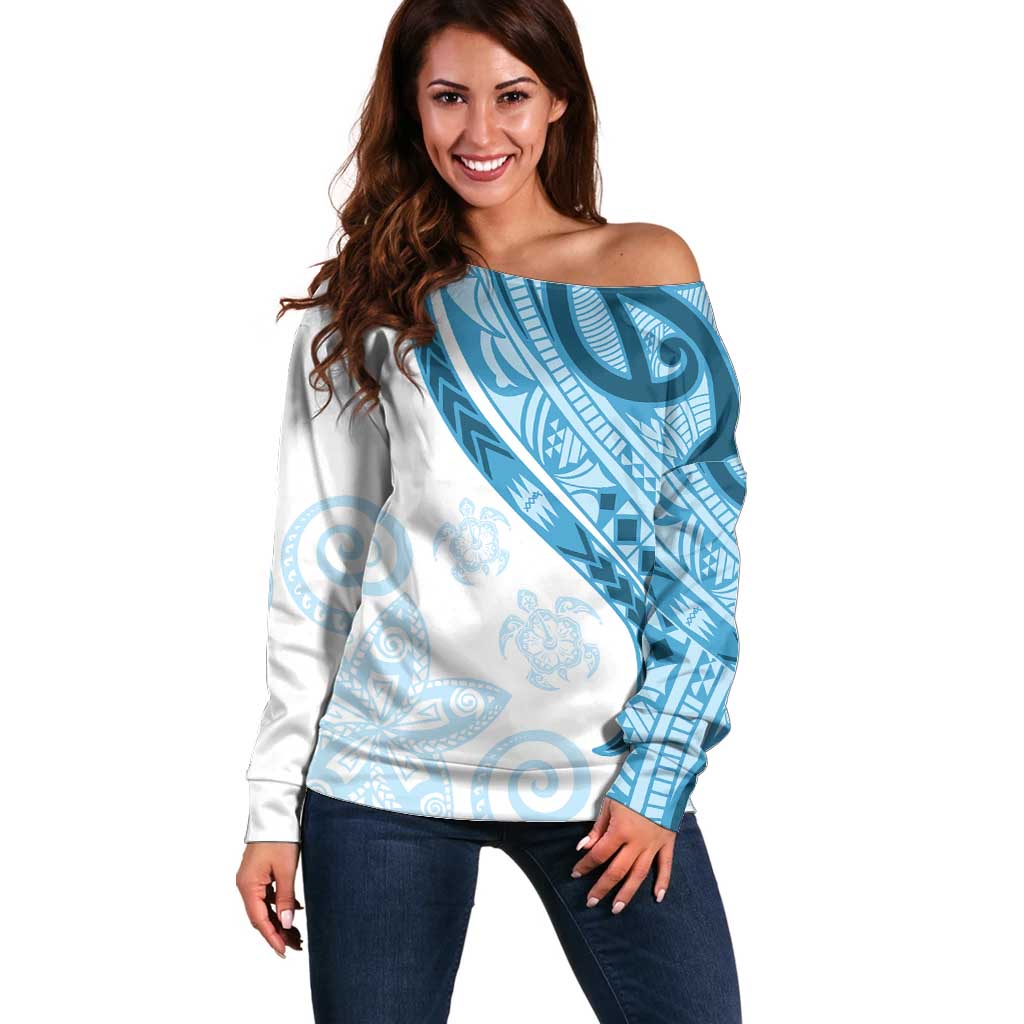 Blue Polynesian Tribal Turtle Floral Pattern Off Shoulder Sweater