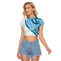 Blue Polynesian Tribal Turtle Floral Pattern Raglan Cropped T Shirt LT05 Female Blue - Polynesian Pride