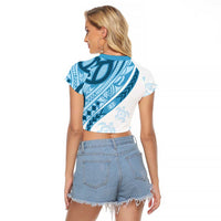 Blue Polynesian Tribal Turtle Floral Pattern Raglan Cropped T Shirt LT05 - Polynesian Pride