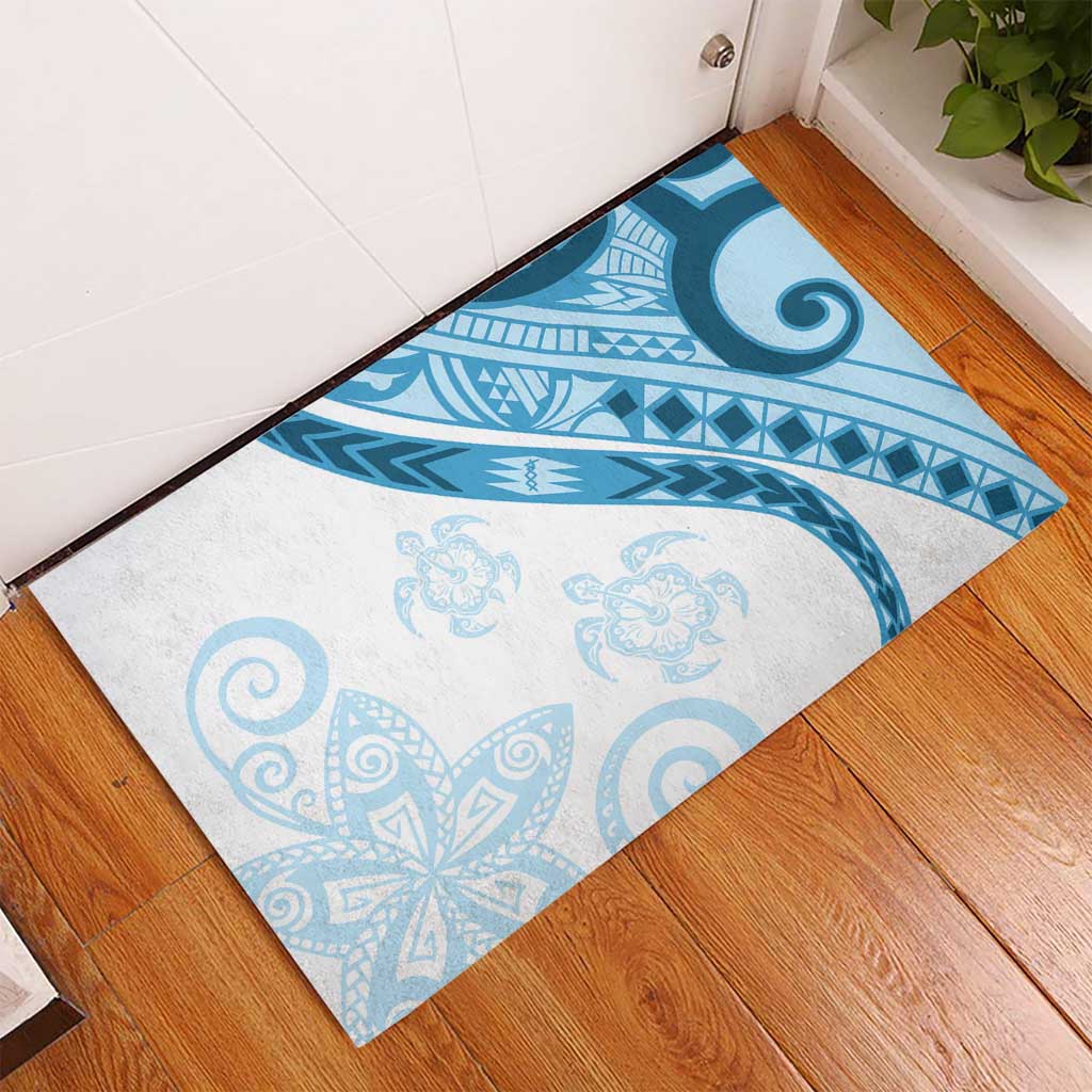 Blue Polynesian Tribal Turtle Floral Pattern Rubber Doormat