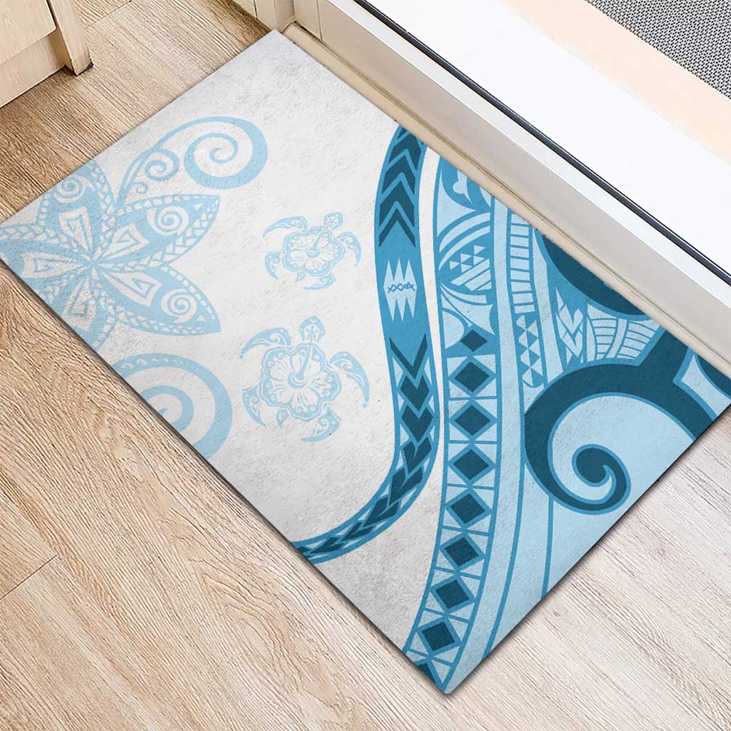 Blue Polynesian Tribal Turtle Floral Pattern Rubber Doormat