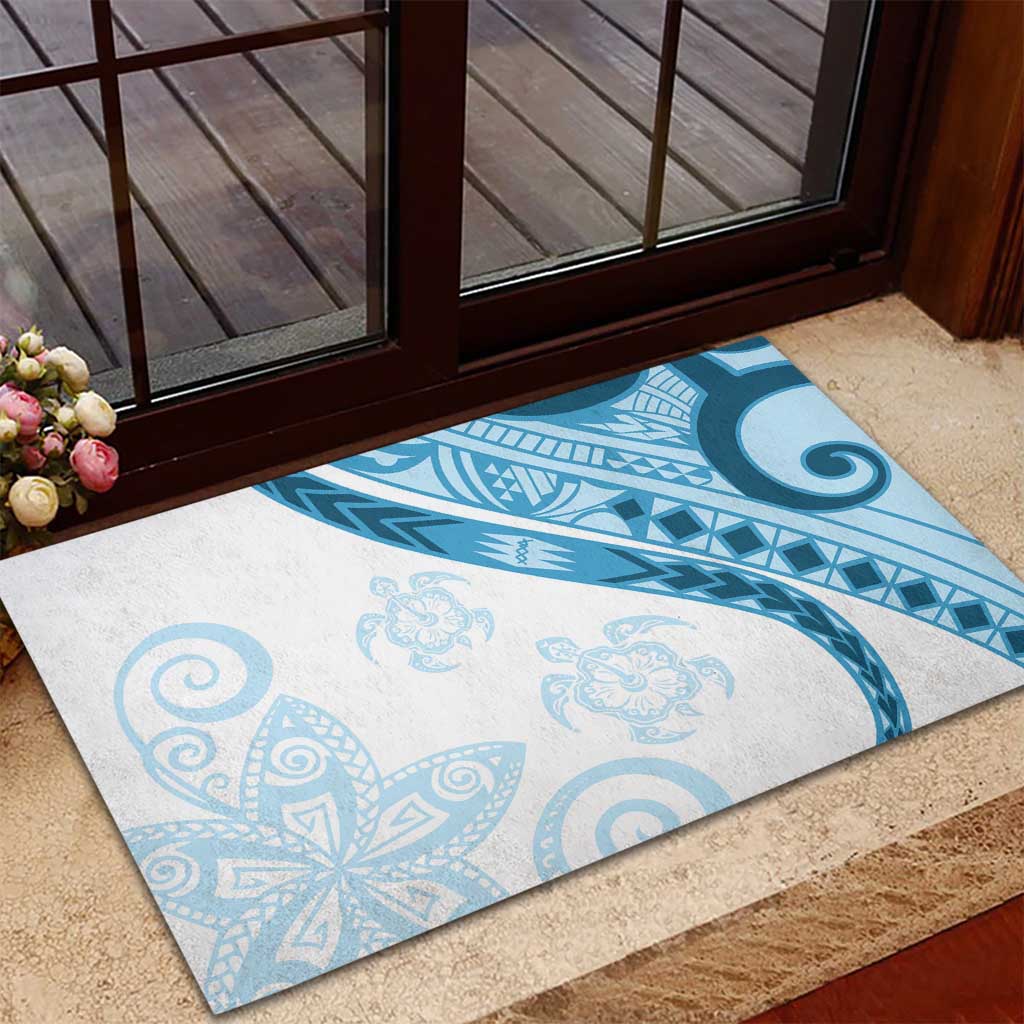 Blue Polynesian Tribal Turtle Floral Pattern Rubber Doormat