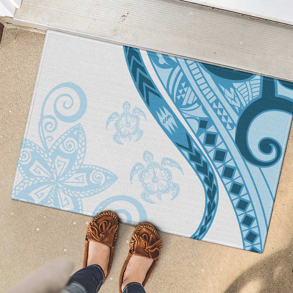 Blue Polynesian Tribal Turtle Floral Pattern Rubber Doormat