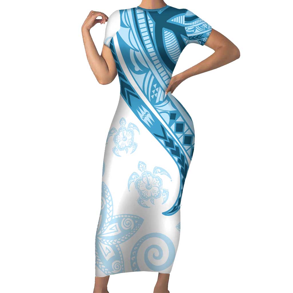 Blue Polynesian Tribal Turtle Floral Pattern Short Sleeve Bodycon Dress