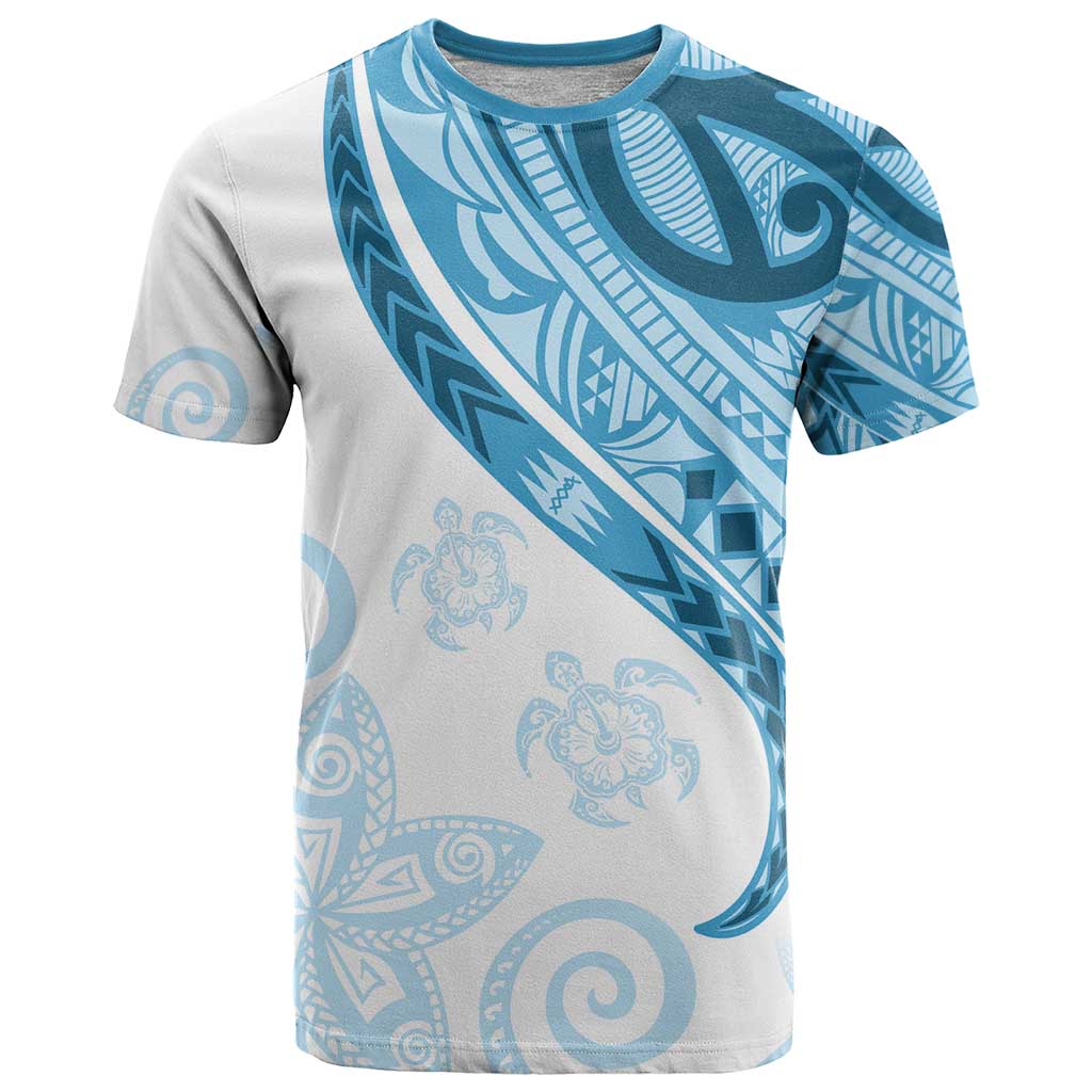 Blue Polynesian Tribal Turtle Floral Pattern T Shirt