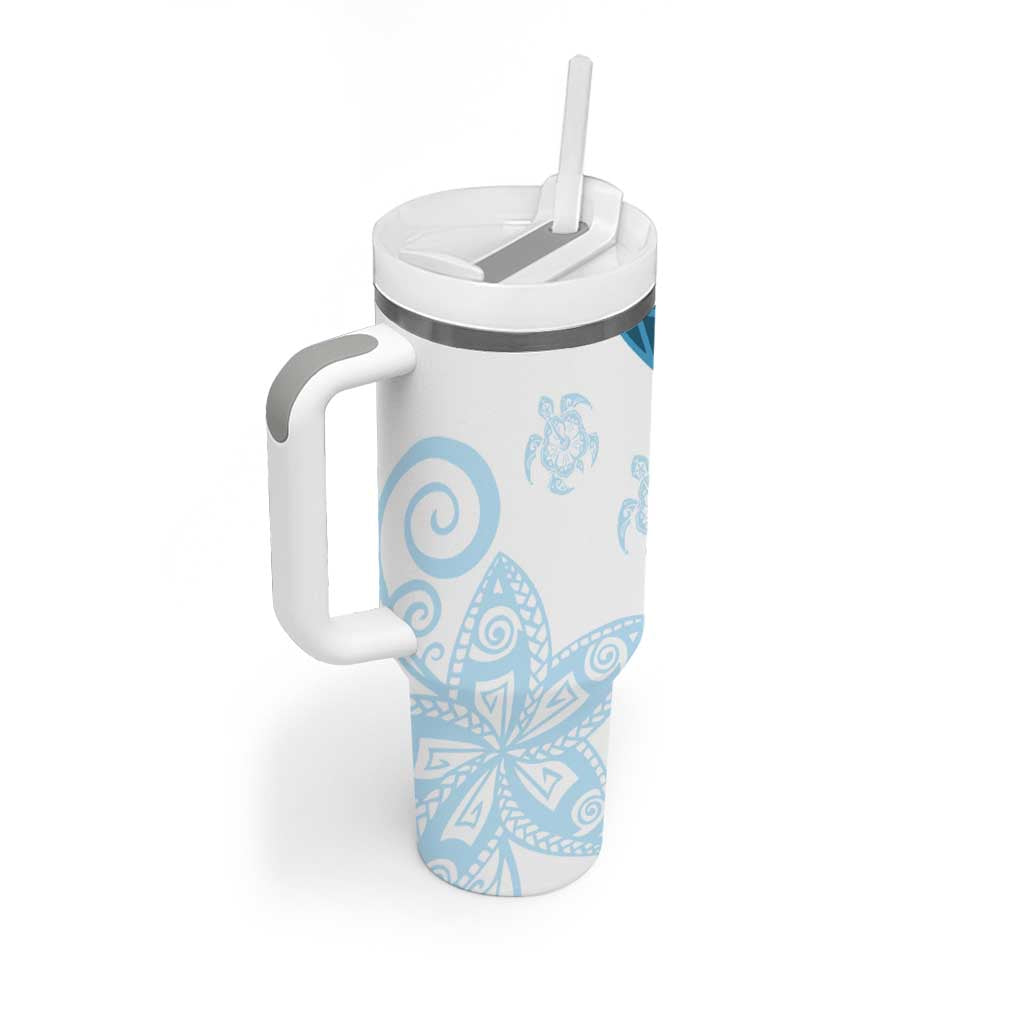 Blue Polynesian Tribal Turtle Floral Pattern Tumbler With Handle LT05 - Polynesian Pride