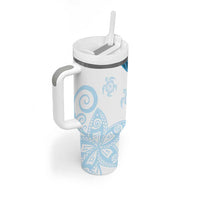 Blue Polynesian Tribal Turtle Floral Pattern Tumbler With Handle LT05 - Polynesian Pride