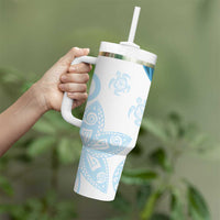 Blue Polynesian Tribal Turtle Floral Pattern Tumbler With Handle LT05 - Polynesian Pride