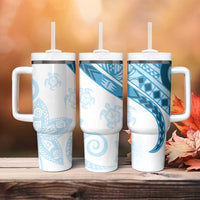 Blue Polynesian Tribal Turtle Floral Pattern Tumbler With Handle LT05 - Polynesian Pride