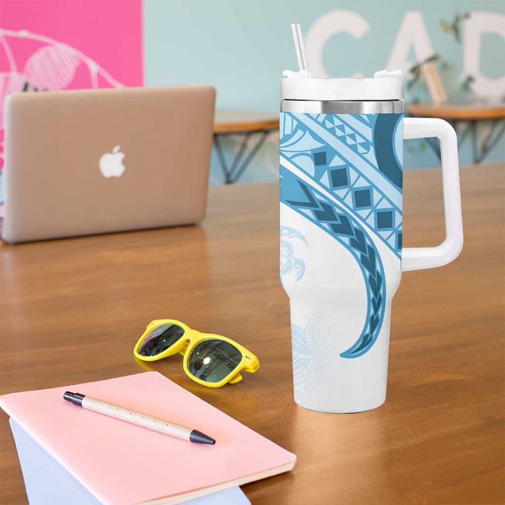 Blue Polynesian Tribal Turtle Floral Pattern Tumbler With Handle LT05 - Polynesian Pride