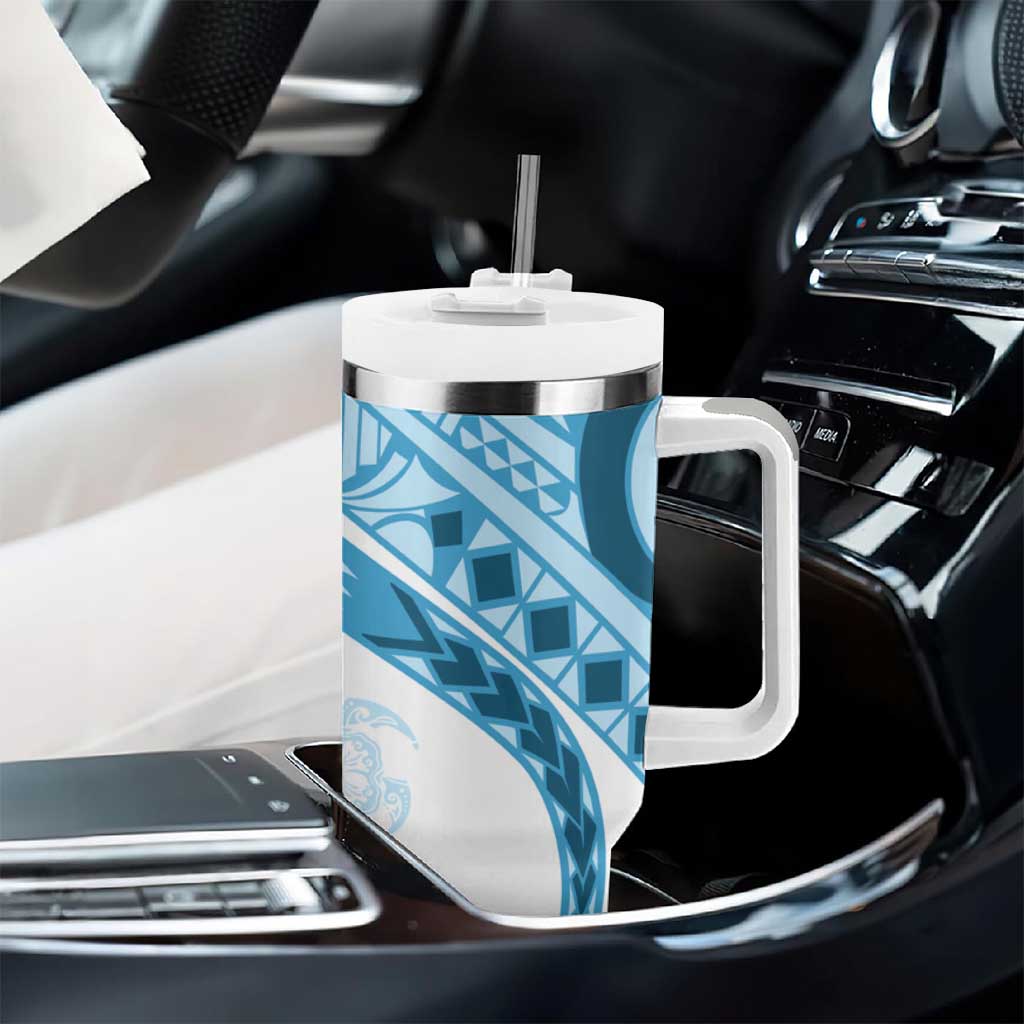 Blue Polynesian Tribal Turtle Floral Pattern Tumbler With Handle LT05 - Polynesian Pride
