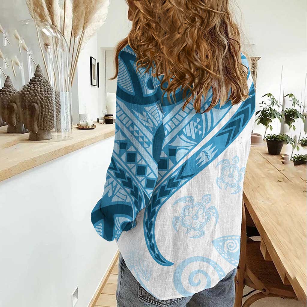 Blue Polynesian Tribal Turtle Floral Pattern Women Casual Shirt LT05 - Polynesian Pride