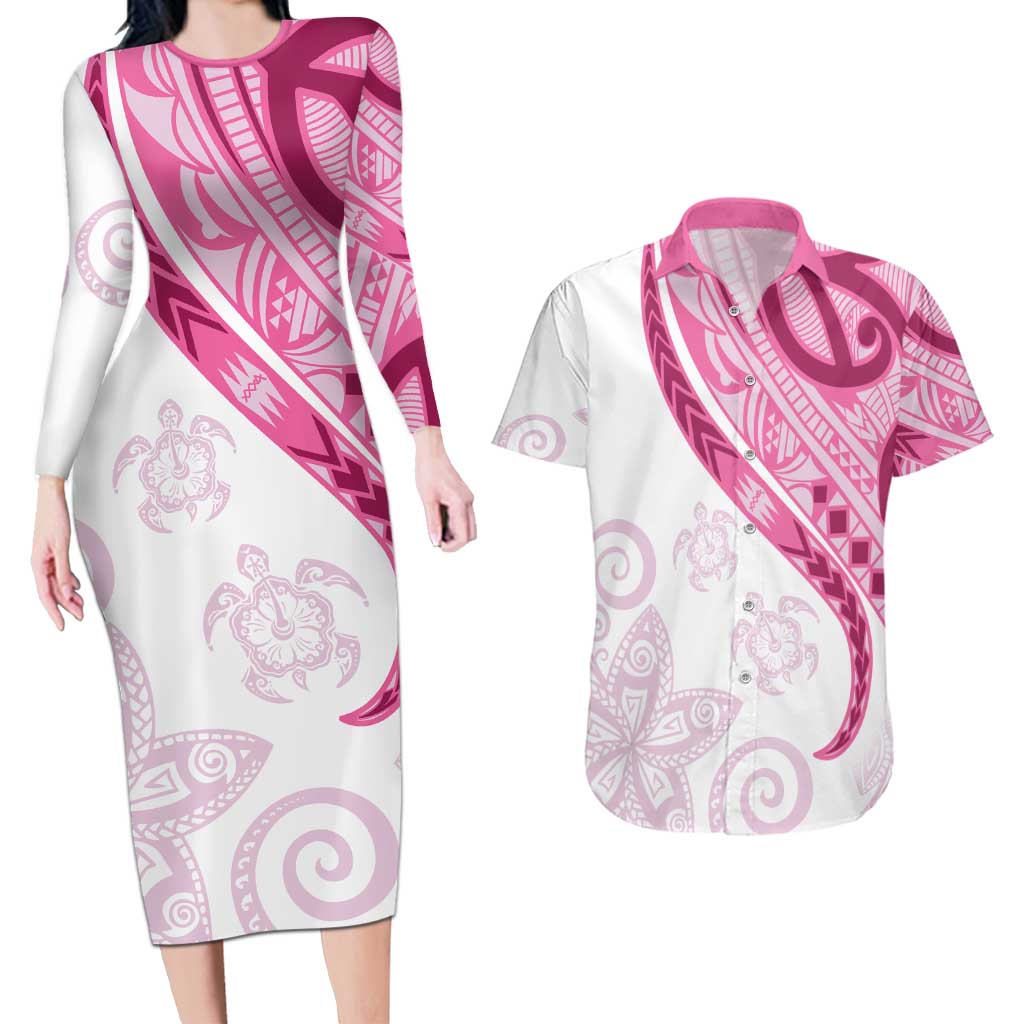 Rose Pink Polynesian Tribal Turtle Floral Pattern Couples Matching Long Sleeve Bodycon Dress and Hawaiian Shirt