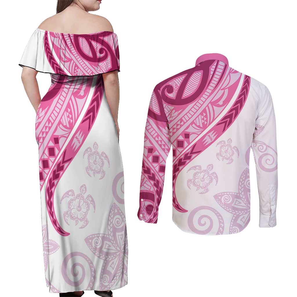 Rose Pink Polynesian Tribal Turtle Floral Pattern Couples Matching Off Shoulder Maxi Dress and Long Sleeve Button Shirt