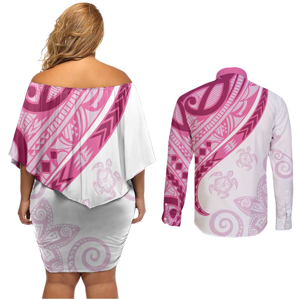 Rose Pink Polynesian Tribal Turtle Floral Pattern Couples Matching Off Shoulder Short Dress and Long Sleeve Button Shirt