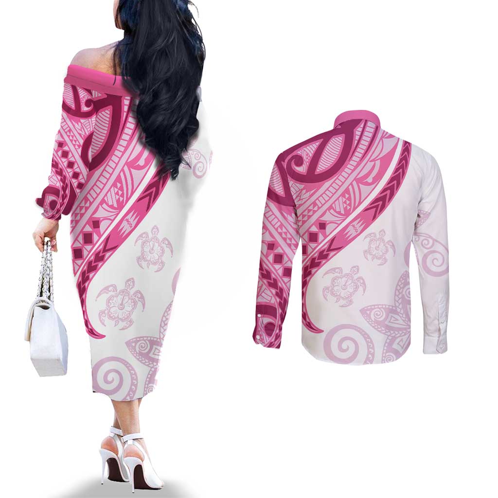 Rose Pink Polynesian Tribal Turtle Floral Pattern Couples Matching Off The Shoulder Long Sleeve Dress and Long Sleeve Button Shirt