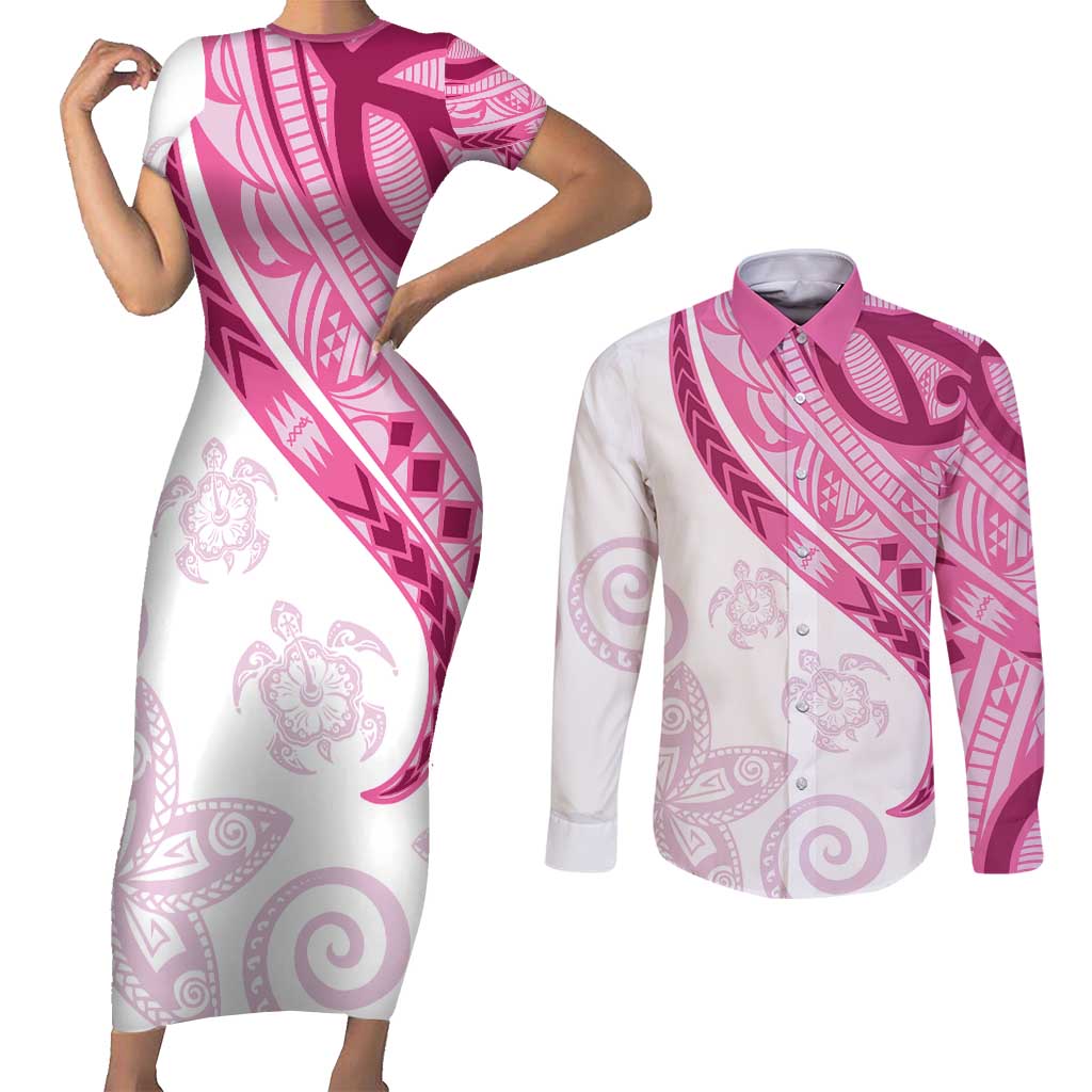 Rose Pink Polynesian Tribal Turtle Floral Pattern Couples Matching Short Sleeve Bodycon Dress and Long Sleeve Button Shirt