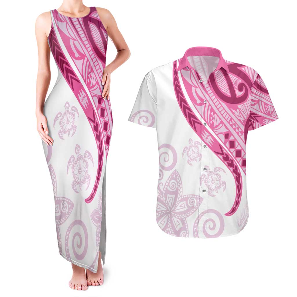Rose Pink Polynesian Tribal Turtle Floral Pattern Couples Matching Tank Maxi Dress and Hawaiian Shirt