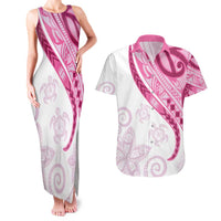Rose Pink Polynesian Tribal Turtle Floral Pattern Couples Matching Tank Maxi Dress and Hawaiian Shirt