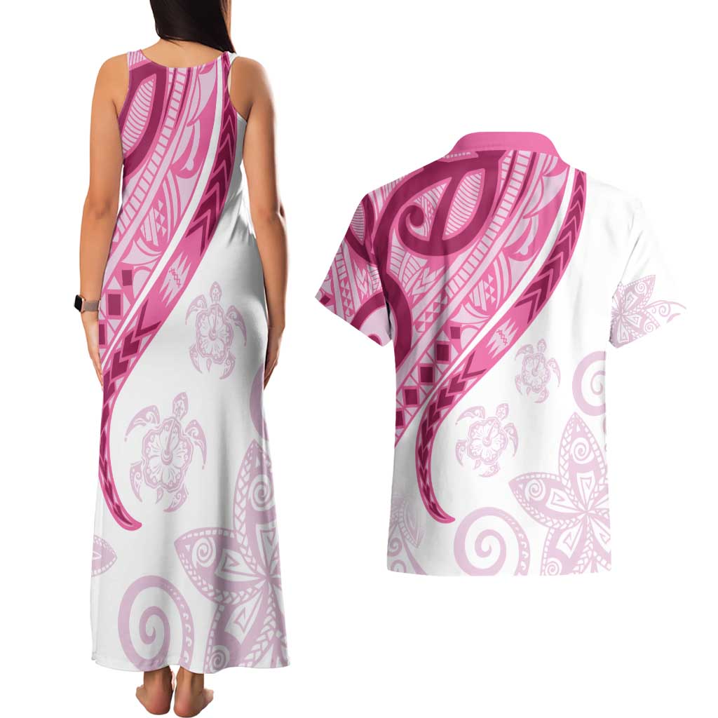 Rose Pink Polynesian Tribal Turtle Floral Pattern Couples Matching Tank Maxi Dress and Hawaiian Shirt