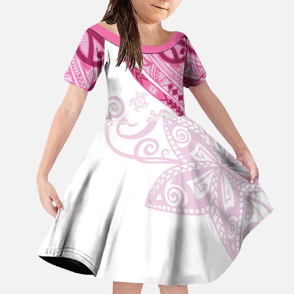 Rose Pink Polynesian Tribal Turtle Floral Pattern Family Matching Off Shoulder Maxi Dress and Hawaiian Shirt LT05 Daughter's Dress Pink - Polynesian Pride