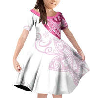Rose Pink Polynesian Tribal Turtle Floral Pattern Family Matching Off Shoulder Short Dress and Hawaiian Shirt LT05 Daughter's Dress Pink - Polynesian Pride