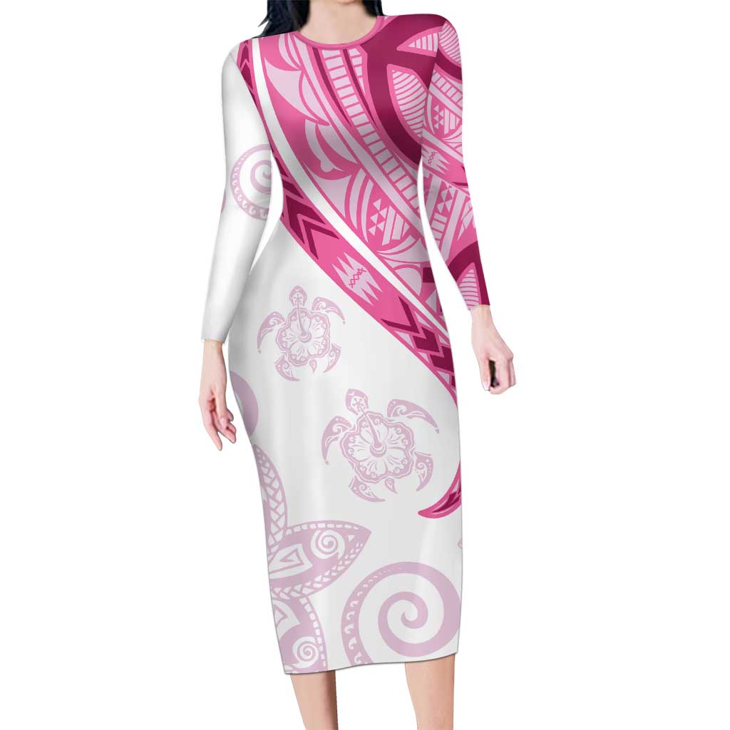 Rose Pink Polynesian Tribal Turtle Floral Pattern Long Sleeve Bodycon Dress