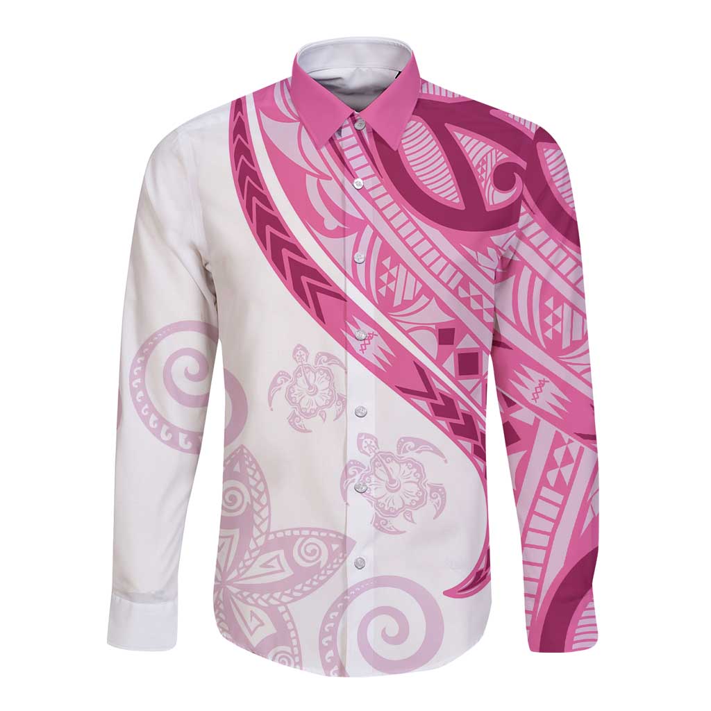 Rose Pink Polynesian Tribal Turtle Floral Pattern Long Sleeve Button Shirt LT05 Unisex Pink - Polynesian Pride