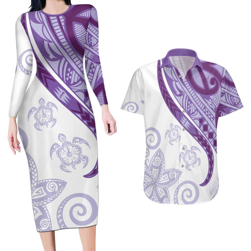 Purple Polynesian Tribal Turtle Floral Pattern Couples Matching Long Sleeve Bodycon Dress and Hawaiian Shirt