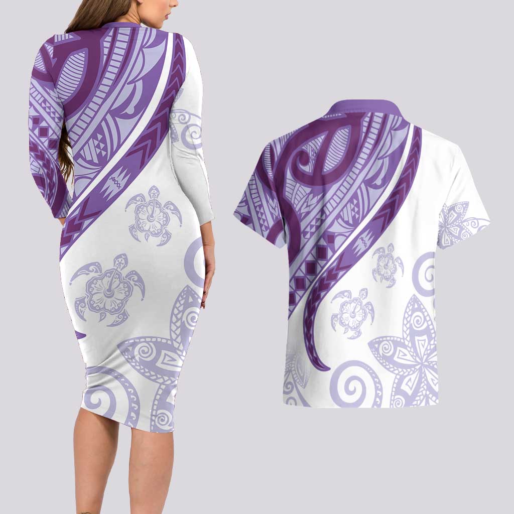 Purple Polynesian Tribal Turtle Floral Pattern Couples Matching Long Sleeve Bodycon Dress and Hawaiian Shirt LT05 - Polynesian Pride