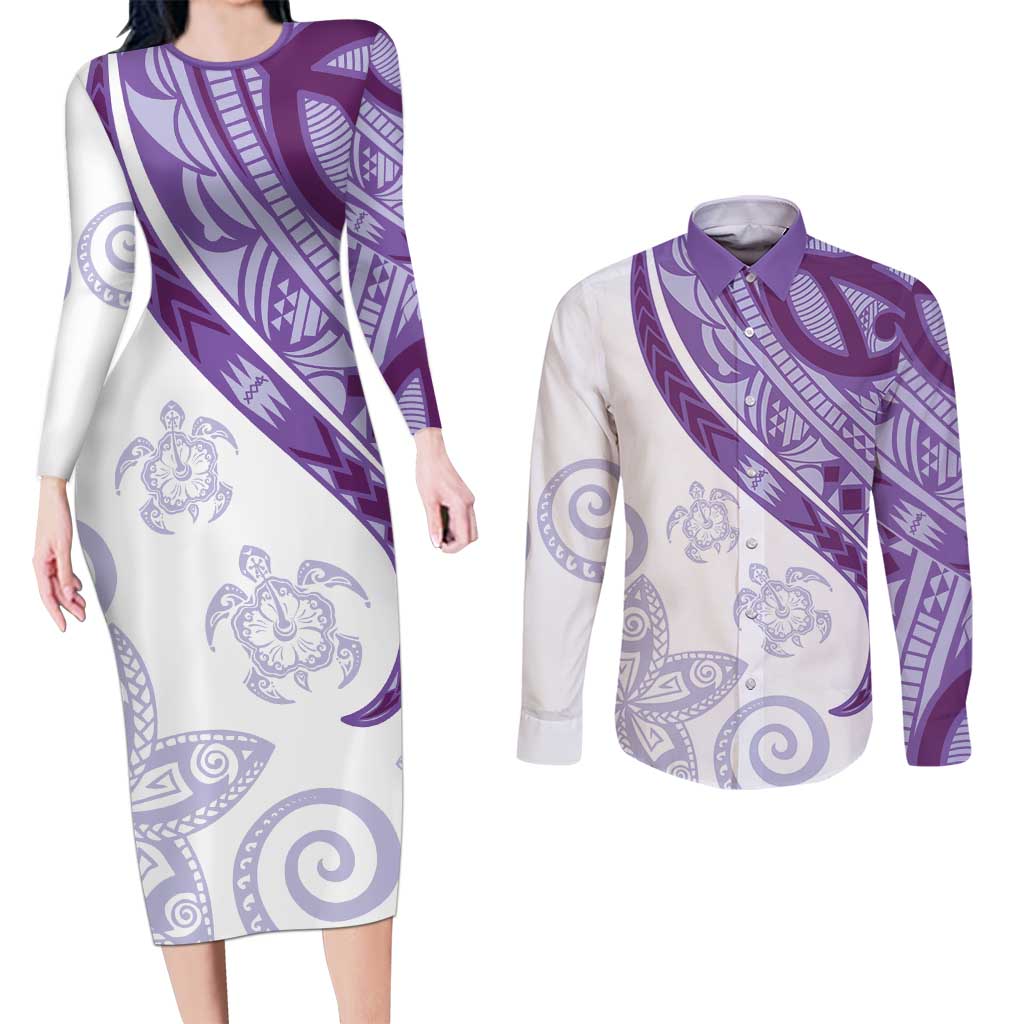 Purple Polynesian Tribal Turtle Floral Pattern Couples Matching Long Sleeve Bodycon Dress and Long Sleeve Button Shirt
