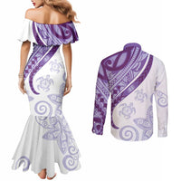 Purple Polynesian Tribal Turtle Floral Pattern Couples Matching Mermaid Dress and Long Sleeve Button Shirt