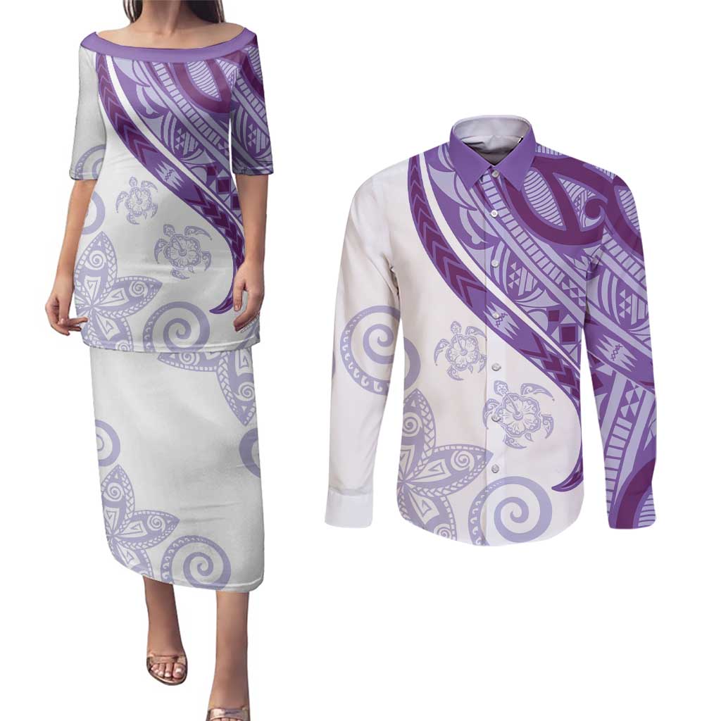 Purple Polynesian Tribal Turtle Floral Pattern Couples Matching Puletasi and Long Sleeve Button Shirt