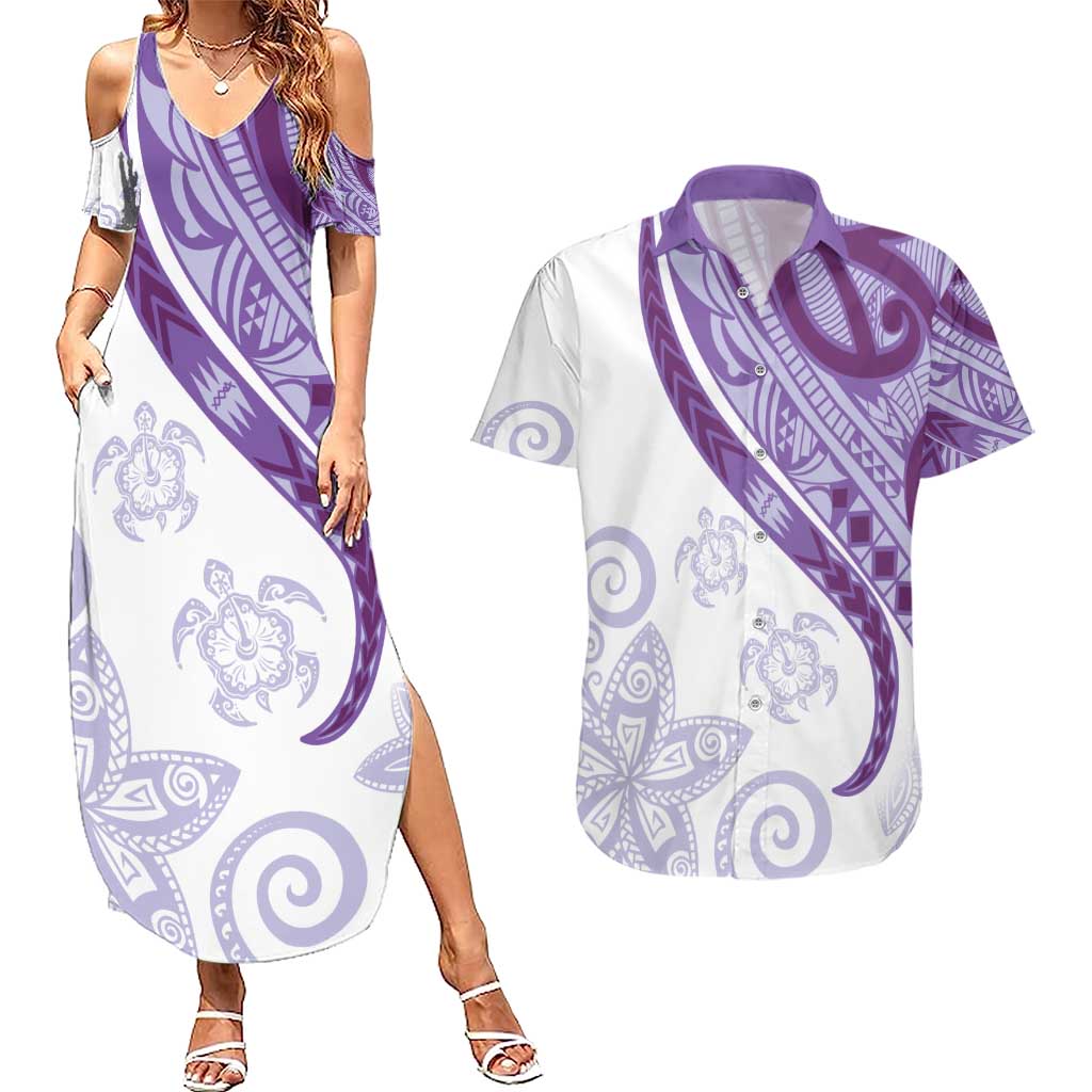 Purple Polynesian Tribal Turtle Floral Pattern Couples Matching Summer Maxi Dress and Hawaiian Shirt