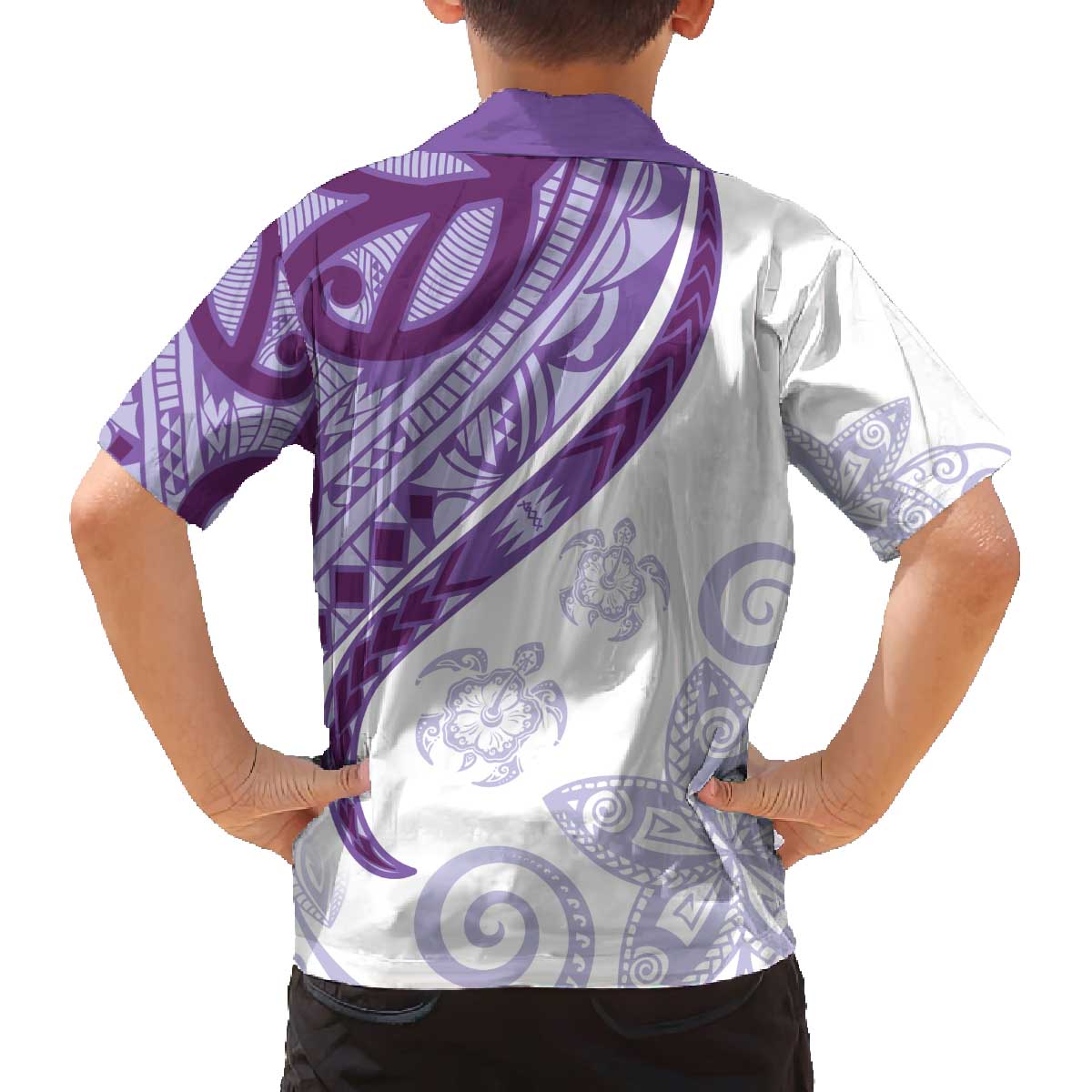 Purple Polynesian Tribal Turtle Floral Pattern Family Matching Off The Shoulder Long Sleeve Dress and Hawaiian Shirt