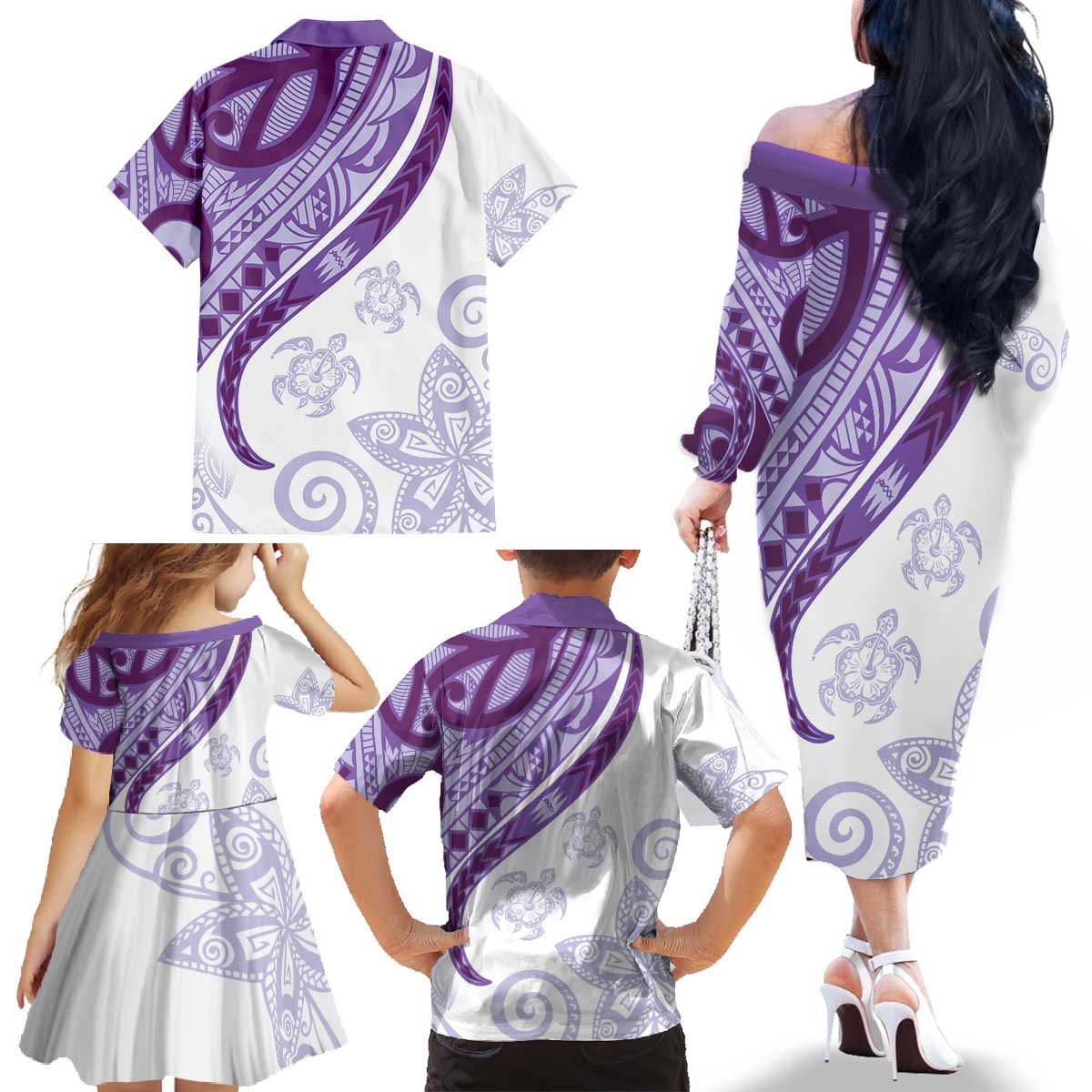 Purple Polynesian Tribal Turtle Floral Pattern Family Matching Off The Shoulder Long Sleeve Dress and Hawaiian Shirt