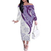 Purple Polynesian Tribal Turtle Floral Pattern Family Matching Off The Shoulder Long Sleeve Dress and Hawaiian Shirt