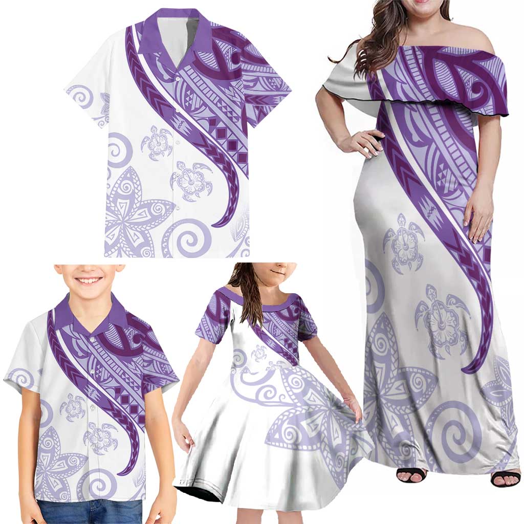 Purple Polynesian Tribal Turtle Floral Pattern Family Matching Off Shoulder Maxi Dress and Hawaiian Shirt LT05 - Polynesian Pride