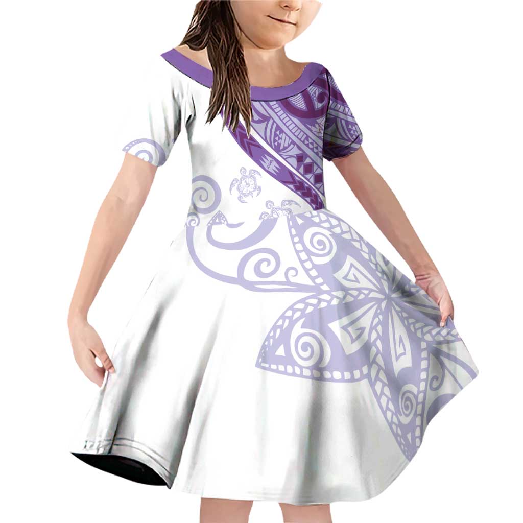 Purple Polynesian Tribal Turtle Floral Pattern Family Matching Off Shoulder Short Dress and Hawaiian Shirt LT05 Daughter's Dress Purple - Polynesian Pride