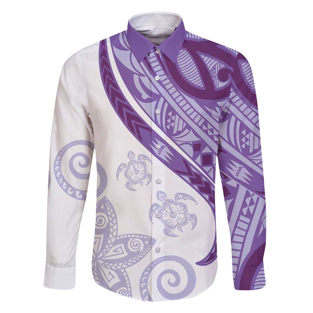 Purple Polynesian Tribal Turtle Floral Pattern Family Matching Off Shoulder Short Dress and Hawaiian Shirt LT05 Dad's Shirt - Long Sleeve Purple - Polynesian Pride
