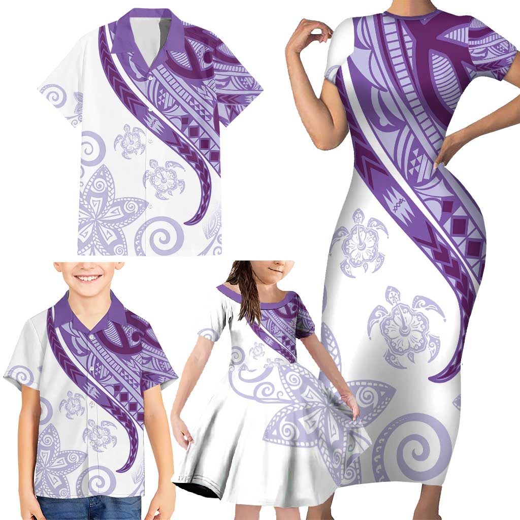 Purple Polynesian Tribal Turtle Floral Pattern Family Matching Short Sleeve Bodycon Dress and Hawaiian Shirt LT05 - Polynesian Pride