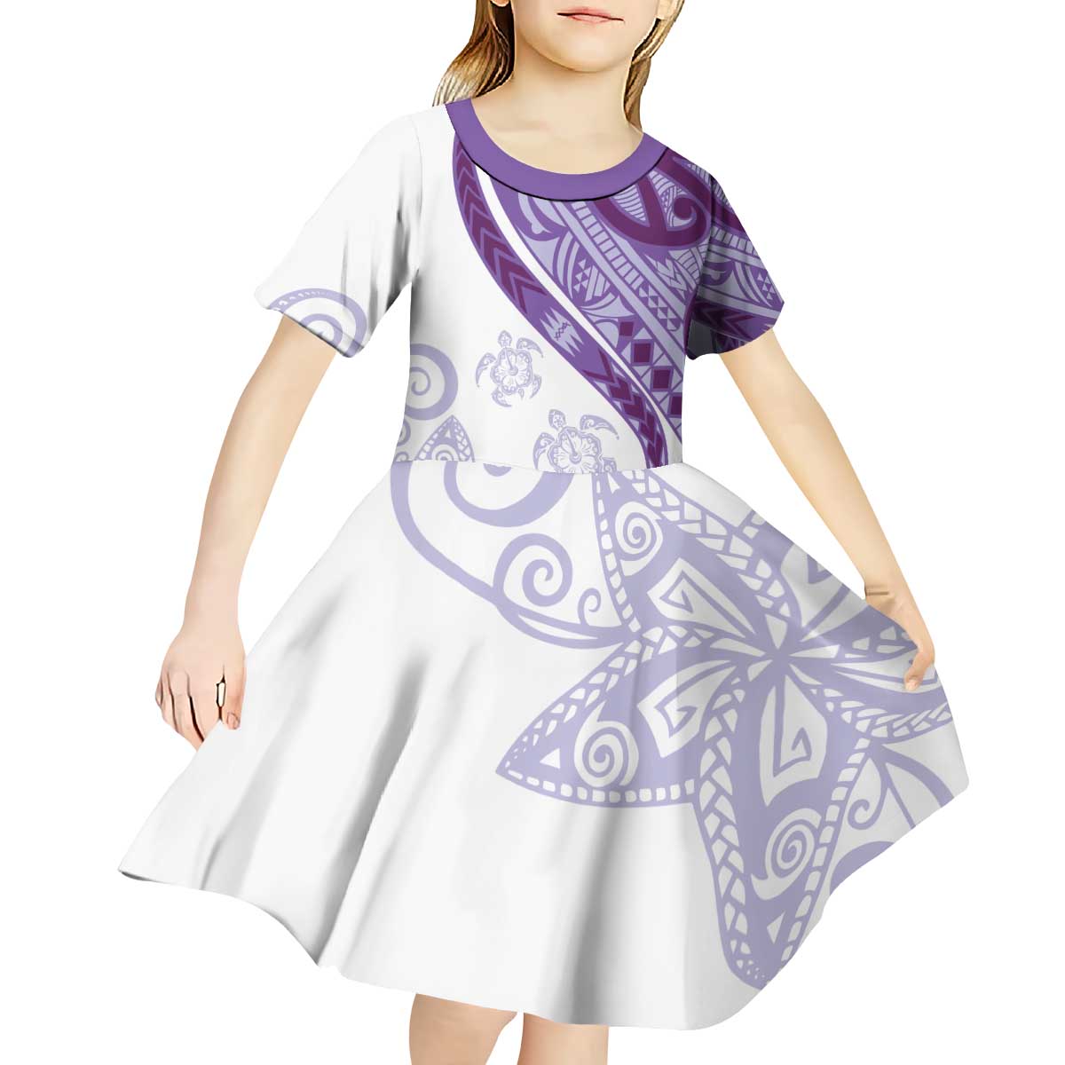 Purple Polynesian Tribal Turtle Floral Pattern Kid Short Sleeve Dress LT05 - Polynesian Pride