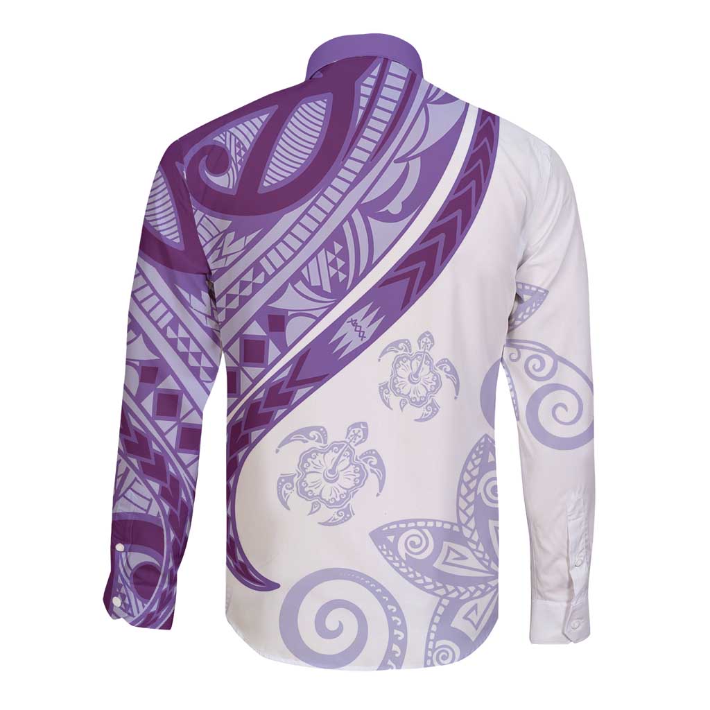 Purple Polynesian Tribal Turtle Floral Pattern Long Sleeve Button Shirt LT05 - Polynesian Pride