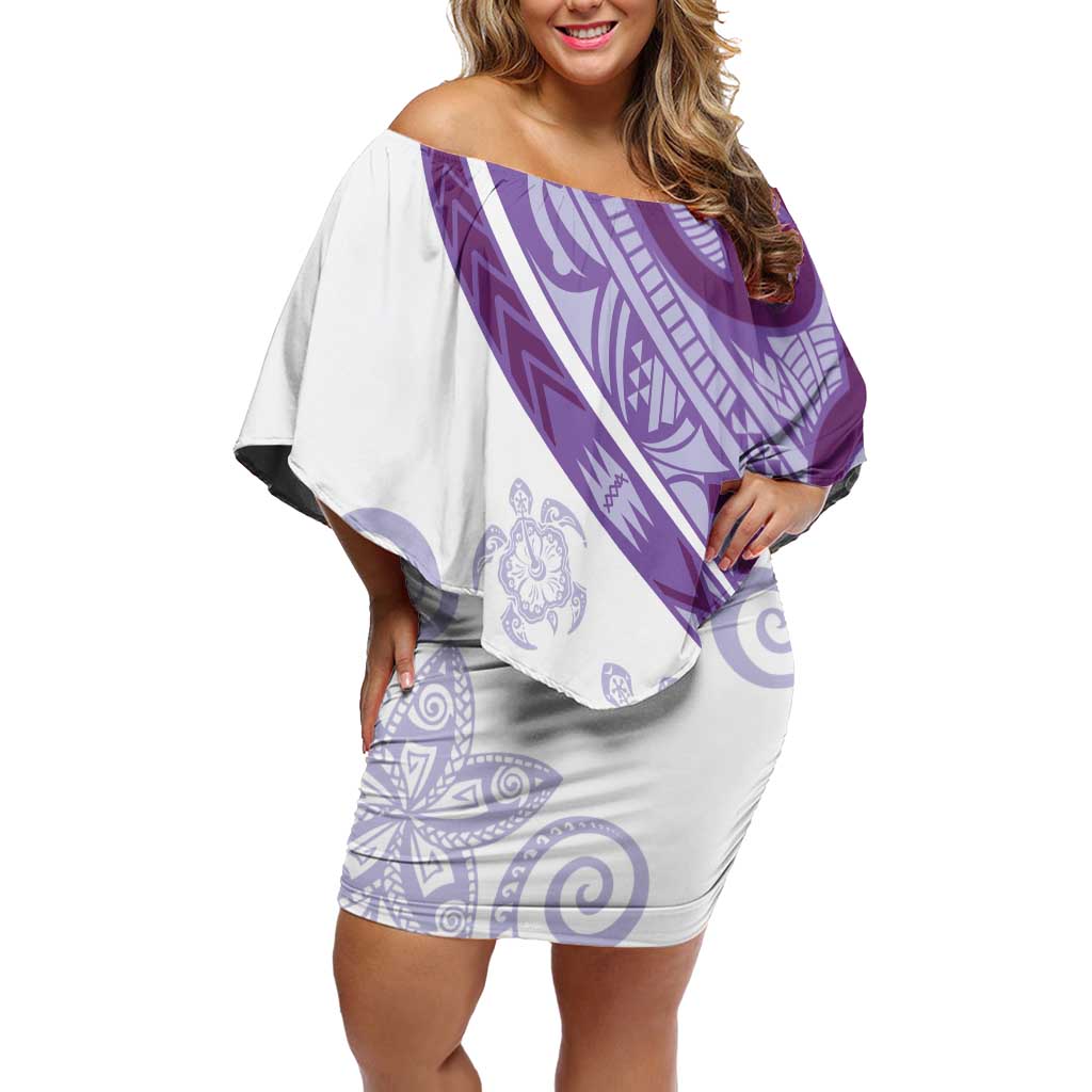 Purple Polynesian Tribal Turtle Floral Pattern Off Shoulder Short Dress